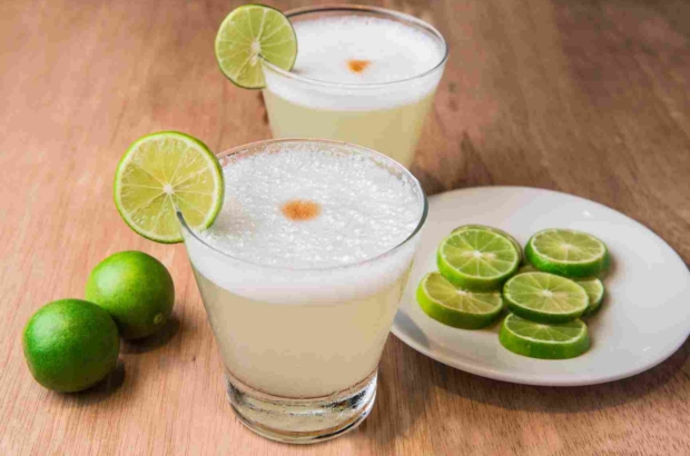 Peruvian,Drink:,"pisco,Sour",With,Lemon,On,Wooden,Background.